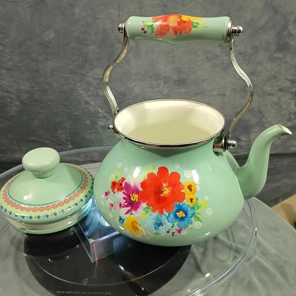 Pioneer Woman Breezy Blossom Enamel on Steel Tea Kettle Mint Green Floral 1.9L